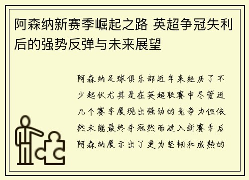阿森纳新赛季崛起之路 英超争冠失利后的强势反弹与未来展望