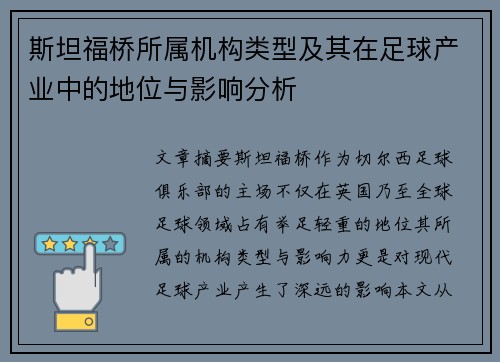 斯坦福桥所属机构类型及其在足球产业中的地位与影响分析 斯坦福桥所属机构类型及其在足球产业中的地位与影响分析